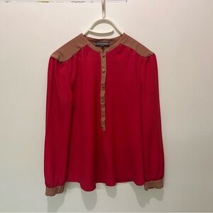 Orangy-Red and Tan-Beige Lightweight Partial Button-Up Blouse
